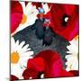 Abstract Draw Rooster Hen, Floral Background (Daisy, Red Poppy), Black White Polka Dots, Seamless P-Viktoriya Panasenko-Mounted Art Print