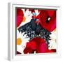 Abstract Draw Rooster Hen, Floral Background (Daisy, Red Poppy), Black White Polka Dots, Seamless P-Viktoriya Panasenko-Framed Art Print