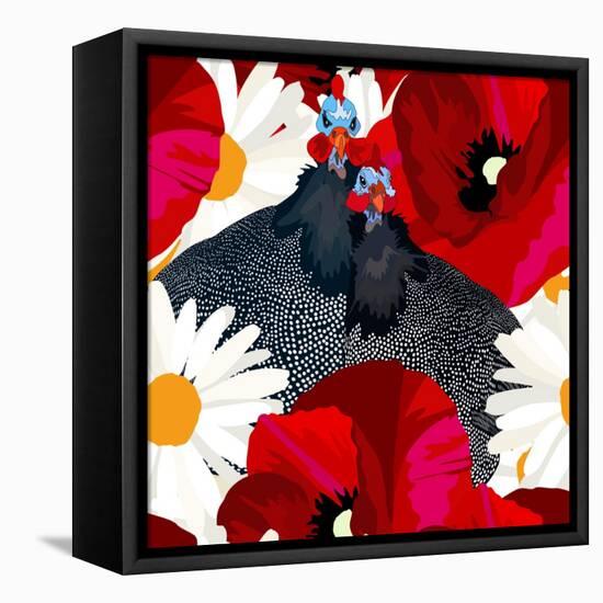 Abstract Draw Rooster Hen, Floral Background (Daisy, Red Poppy), Black White Polka Dots, Seamless P-Viktoriya Panasenko-Framed Stretched Canvas