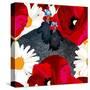 Abstract Draw Rooster Hen, Floral Background (Daisy, Red Poppy), Black White Polka Dots, Seamless P-Viktoriya Panasenko-Stretched Canvas