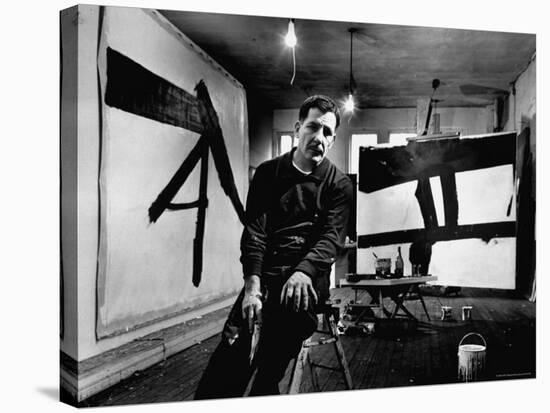 Abstract Expressionist Painter, Franz Kline, in Studio with His Black and White Paintings-Fritz Goro-Stretched Canvas