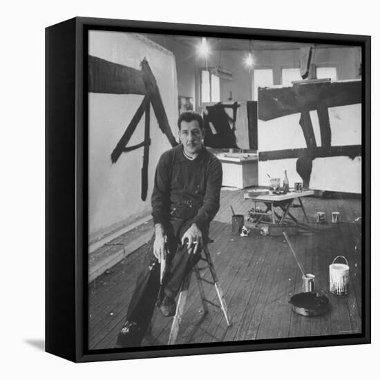 Abstract Expressionist Painter Franz Kline Perching on Stool in His Studio-Fritz Goro-Framed Stretched Canvas