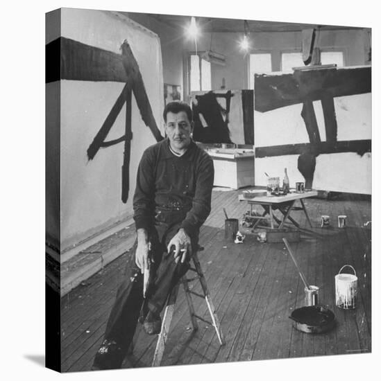 Abstract Expressionist Painter Franz Kline Perching on Stool in His Studio-Fritz Goro-Stretched Canvas