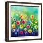 Abstract Floral Watercolor Painting. Hand Paint Yellow and Red Flowers in Soft Color on Green Color-pluie_r-Framed Art Print