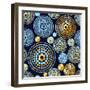 Abstract Geometric Seamless Pattern with Circles and Gold Glitter Elements Blue Background. Trendy-RRA79-Framed Art Print