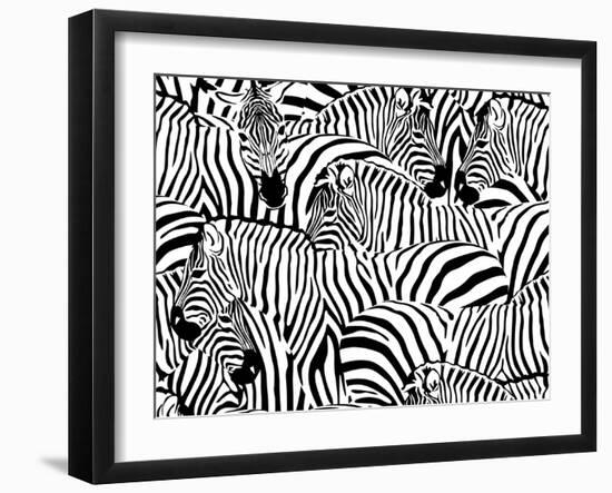 Abstract Illustration Herd of Zebras, Animal Seamless Pattern, Fashion Striped Print, Monochrome, C-Viktoriya Panasenko-Framed Art Print