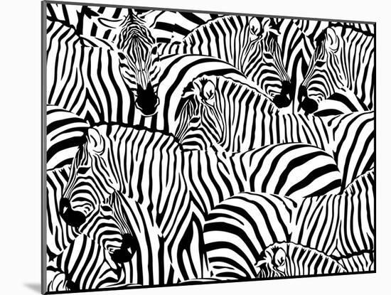 Abstract Illustration Herd of Zebras, Animal Seamless Pattern, Fashion Striped Print, Monochrome, C-Viktoriya Panasenko-Mounted Art Print