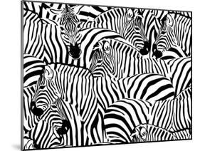 Abstract Illustration Herd of Zebras, Animal Seamless Pattern, Fashion Striped Print, Monochrome, C-Viktoriya Panasenko-Mounted Art Print