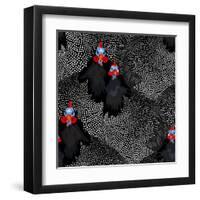 Abstract Illustration of Two Rooster and Hen (Chicken) in Background Black White Polka Dots, Cock S-Viktoriya Panasenko-Framed Art Print