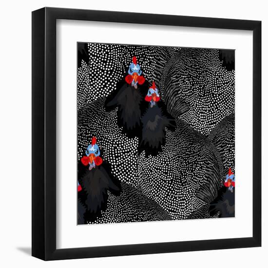 Abstract Illustration of Two Rooster and Hen (Chicken) in Background Black White Polka Dots, Cock S-Viktoriya Panasenko-Framed Art Print