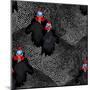 Abstract Illustration of Two Rooster and Hen (Chicken) in Background Black White Polka Dots, Cock S-Viktoriya Panasenko-Mounted Art Print
