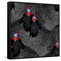 Abstract Illustration of Two Rooster and Hen (Chicken) in Background Black White Polka Dots, Cock S-Viktoriya Panasenko-Framed Stretched Canvas