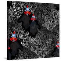 Abstract Illustration of Two Rooster and Hen (Chicken) in Background Black White Polka Dots, Cock S-Viktoriya Panasenko-Stretched Canvas