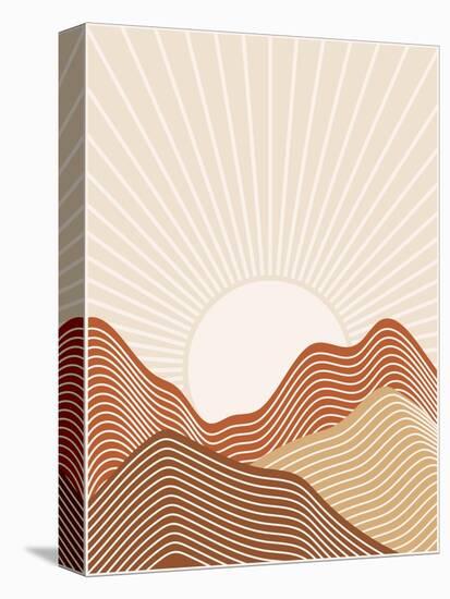 Abstract Lined Background with Sunrise Landscape. Earth Tones, Terracotta Colors. Boho Wall Decor.-Natalya Nepran-Stretched Canvas