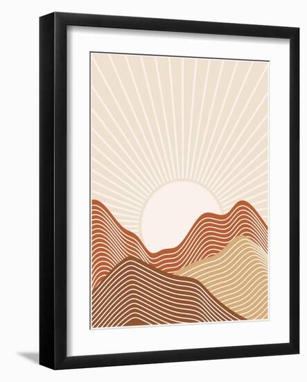 Abstract Lined Background with Sunrise Landscape. Earth Tones, Terracotta Colors. Boho Wall Decor.-Natalya Nepran-Framed Photographic Print