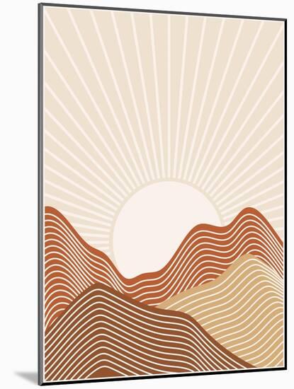 Abstract Lined Background with Sunrise Landscape. Earth Tones, Terracotta Colors. Boho Wall Decor.-Natalya Nepran-Mounted Photographic Print