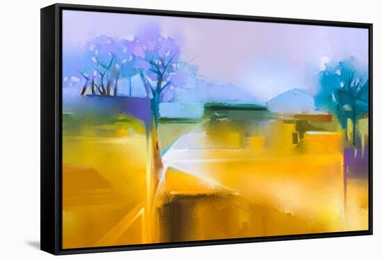 Abstract Oil Painting Background. Colorful Yellow and Purple Sky Oil Painting Landscape on Canvas.-pluie_r-Framed Stretched Canvas