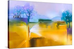 Abstract Oil Painting Background. Colorful Yellow and Purple Sky Oil Painting Landscape on Canvas.-pluie_r-Stretched Canvas