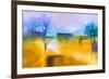 Abstract Oil Painting Background. Colorful Yellow and Purple Sky Oil Painting Landscape on Canvas.-pluie_r-Framed Art Print