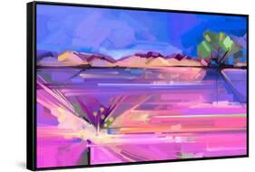 Abstract Oil Painting Landscape Background. Colorful Yellow and Purple Sky. Oil Painting Outdoor La-pluie_r-Framed Stretched Canvas