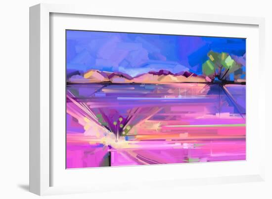 Abstract Oil Painting Landscape Background. Colorful Yellow and Purple Sky. Oil Painting Outdoor La-pluie_r-Framed Art Print