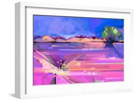 Abstract Oil Painting Landscape Background. Colorful Yellow and Purple Sky. Oil Painting Outdoor La-pluie_r-Framed Art Print