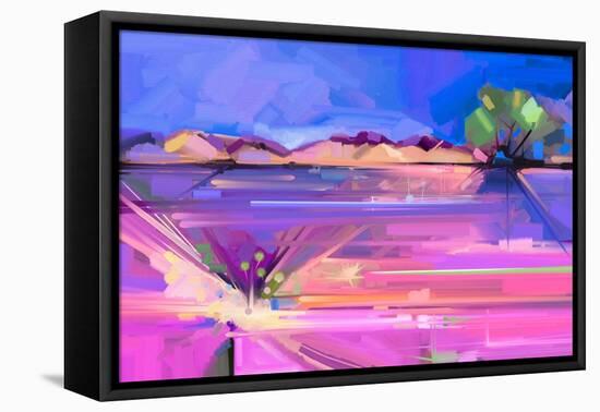Abstract Oil Painting Landscape Background. Colorful Yellow and Purple Sky. Oil Painting Outdoor La-pluie_r-Framed Stretched Canvas