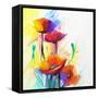 Abstract Oil Painting of Spring Flower. Still Life of Yellow, Pink and Red Poppy. Colorful Bouquet-pluie_r-Framed Stretched Canvas