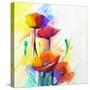 Abstract Oil Painting of Spring Flower. Still Life of Yellow, Pink and Red Poppy. Colorful Bouquet-pluie_r-Stretched Canvas