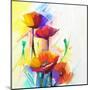 Abstract Oil Painting of Spring Flower. Still Life of Yellow, Pink and Red Poppy. Colorful Bouquet-pluie_r-Mounted Art Print