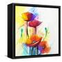 Abstract Oil Painting of Spring Flower. Still Life of Yellow, Pink and Red Poppy. Colorful Bouquet-pluie_r-Framed Stretched Canvas