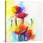 Abstract Oil Painting of Spring Flower. Still Life of Yellow, Pink and Red Poppy. Colorful Bouquet-pluie_r-Stretched Canvas