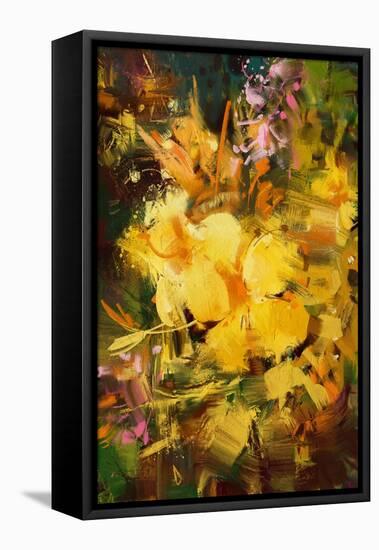 Abstract Painting of Vibrant Yellow Flowers,Illustration-Tithi Luadthong-Framed Stretched Canvas