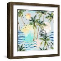 Abstract Pattern of Watercolor Circles, Stripes, and Palm Trees-tanycya-Framed Art Print