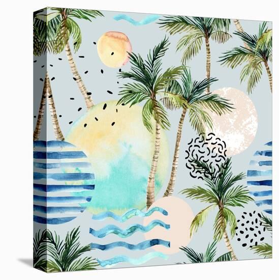 Abstract Pattern of Watercolor Circles, Stripes, and Palm Trees-tanycya-Stretched Canvas