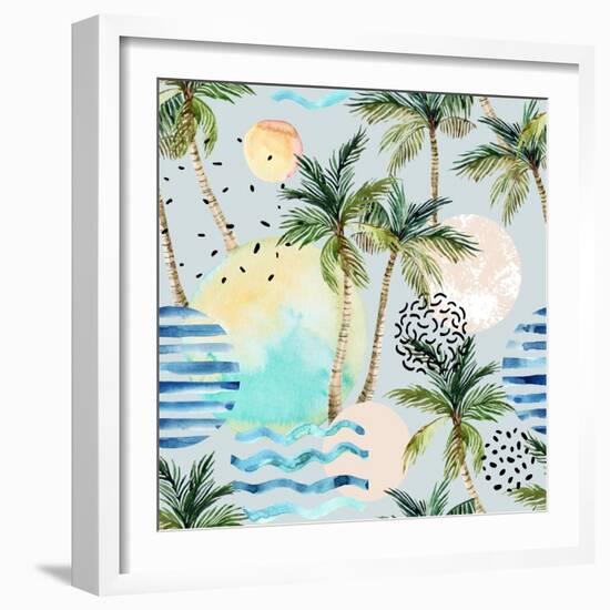 Abstract Pattern of Watercolor Circles, Stripes, and Palm Trees-tanycya-Framed Art Print