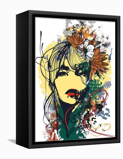 Abstract Print with Female Face, Painted Elements and Flowers-A Frants-Framed Stretched Canvas