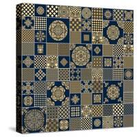 Abstract Seamless Patchwork Background from Metallic Golden Beige and Dark Indigo Blue Ornaments, G-L Kramer-Stretched Canvas