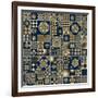 Abstract Seamless Patchwork Background from Metallic Golden Beige and Dark Indigo Blue Ornaments, G-L Kramer-Framed Art Print