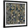 Abstract Seamless Patchwork Background from Metallic Golden Beige and Dark Indigo Blue Ornaments, G-L Kramer-Framed Art Print