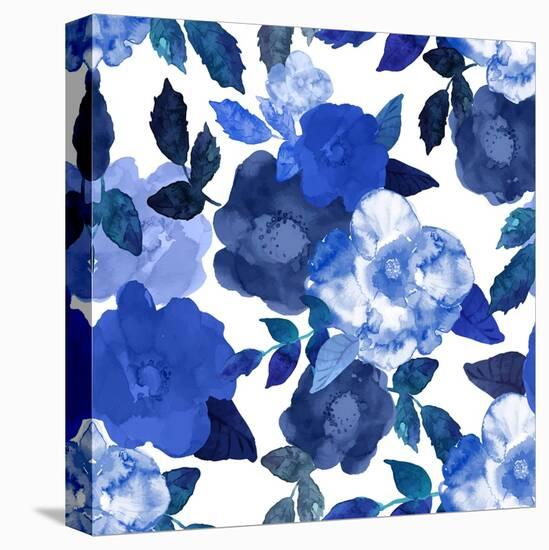 Abstract Seamless Watercolor Hand Painted Background. Isolated Blue Flowers and Leafs. Vector Illus-ZUBKOVA IULIIA-Stretched Canvas