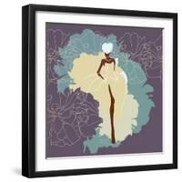 Abstract Sketch of a Woman in a Wedding Dress, Background of Watercolor Spots, Fashion Week, Color-Viktoriya Panasenko-Framed Art Print