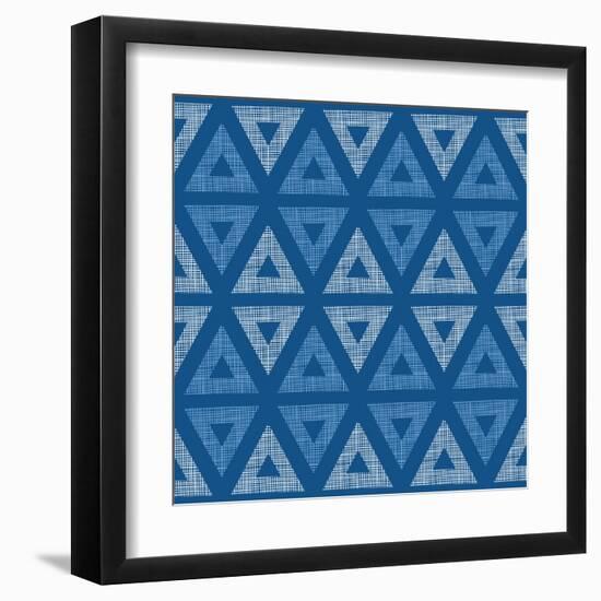 Abstract Textile Blue Triangles Ikat Seamless Pattern Background-Oksancia-Framed Art Print