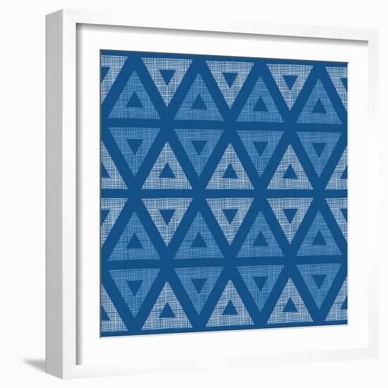 Abstract Textile Blue Triangles Ikat Seamless Pattern Background-Oksancia-Framed Art Print