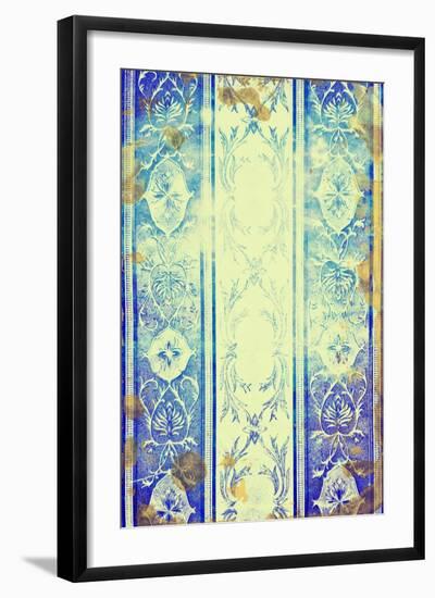 Abstract Textured Background: Blue, Brown, and White Floral Patterns on Yellow Backdrop-iulias-Framed Art Print