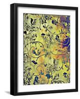 Abstract Textured Background with Blue and Floral Brown Patterns on Yellow Backdrop-iulias-Framed Art Print