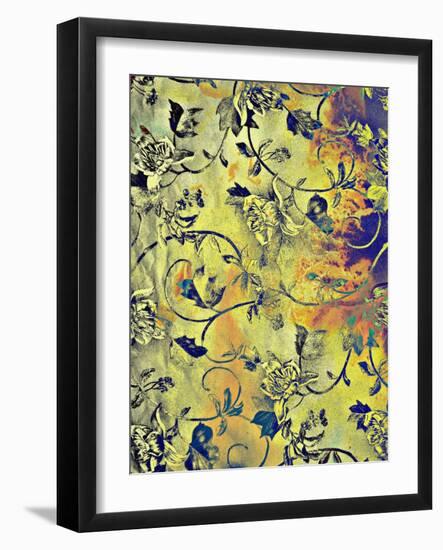 Abstract Textured Background with Blue and Floral Brown Patterns on Yellow Backdrop-iulias-Framed Art Print