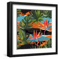 Abstract Tropical Summer Pattern - Watercolor Exotic Flower, Monstera, and Palm Leaves-tanycya-Framed Art Print