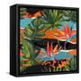 Abstract Tropical Summer Pattern - Watercolor Exotic Flower, Monstera, and Palm Leaves-tanycya-Framed Stretched Canvas