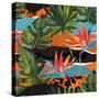 Abstract Tropical Summer Pattern - Watercolor Exotic Flower, Monstera, and Palm Leaves-tanycya-Stretched Canvas